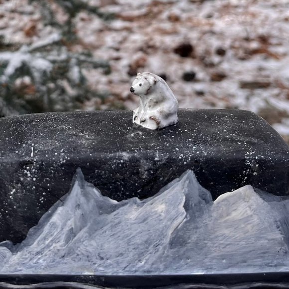 Handmade Ceramic Butter Dish with Hand-Painted Mountains with Polar Bear or Moon - Picture 2 of 4